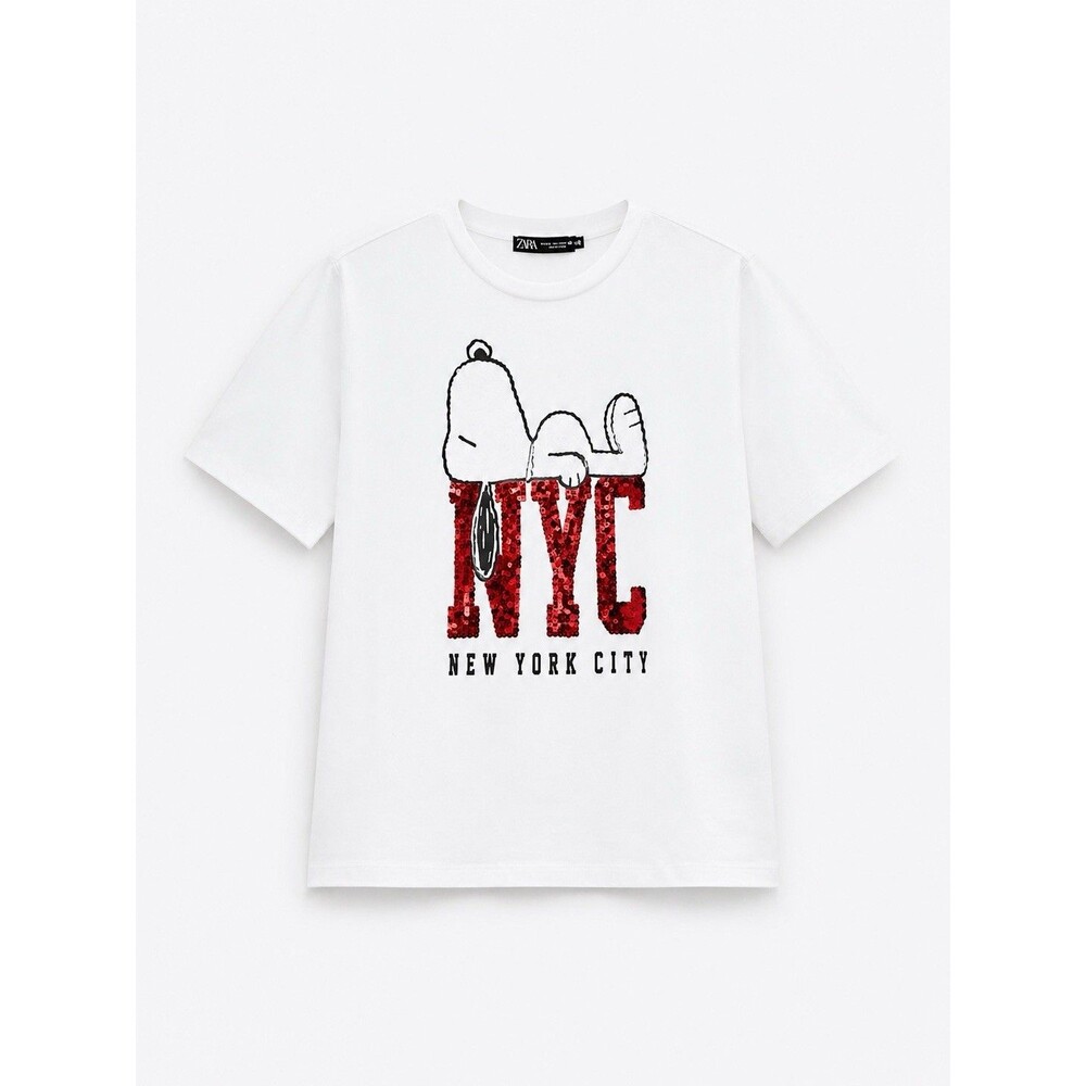 ZARA Snoopy NYC T-Shirt S Sequin Graphic Peanuts White Casual Tee
